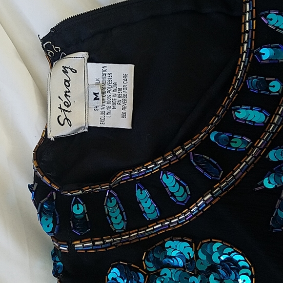 Vintage Sequin Black Silk top Blue flowers  80's 90s Stenay disco date night - Picture 3 of 7